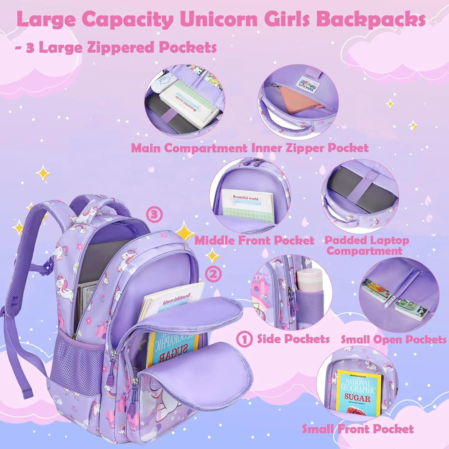 Kimwadalh Girls Backpack with Lunch Box Pencil Case for Elementary School, 3 in 1 Schoolbag with Chest Strap for School Girls