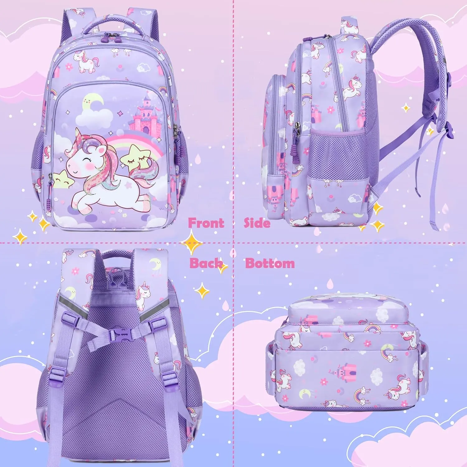 Kimwadalh Girls Backpack with Lunch Box Pencil Case for Elementary School, 3 in 1 Schoolbag with Chest Strap for School Girls