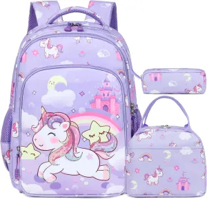 Kimwadalh Girls Backpack with Lunch Box Pencil Case for Elementary School, 3 in 1 Schoolbag with Chest Strap for School Girls