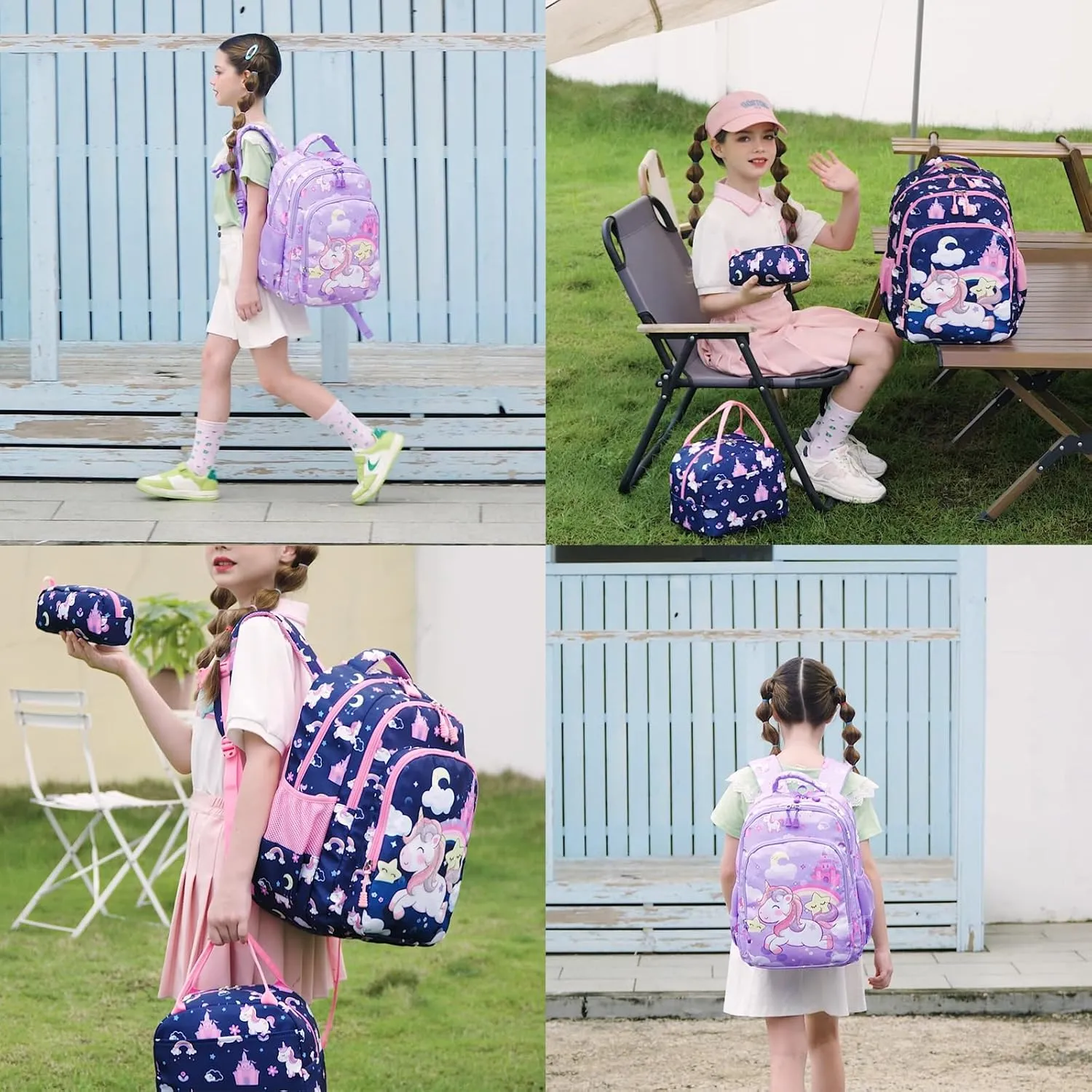 Kimwadalh Girls Backpack with Lunch Box Pencil Case for Elementary School, 3 in 1 Schoolbag with Chest Strap for School Girls