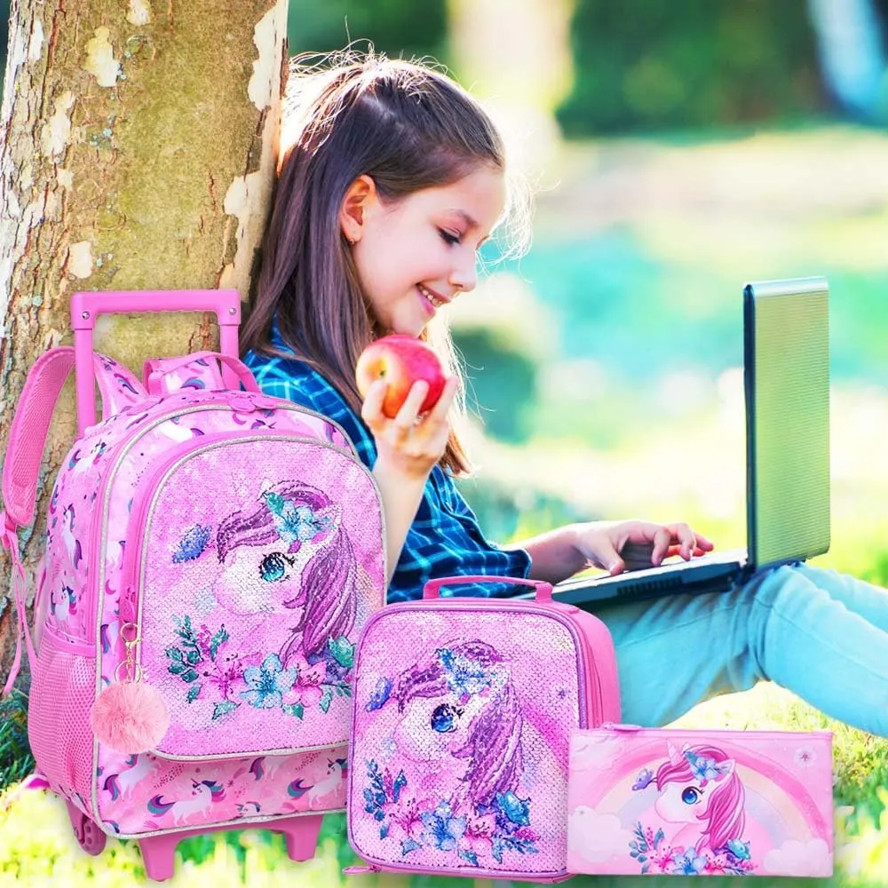 KLFVB Rolling Backpack for Girls Boys, Kids Roller Wheels School Bookbag with Lunch Bag, Wheeled School Bag for Children