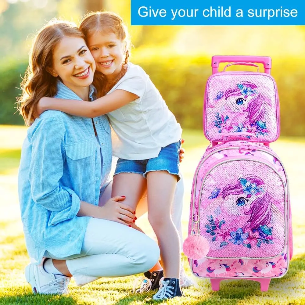 KLFVB Rolling Backpack for Girls Boys, Kids Roller Wheels School Bookbag with Lunch Bag, Wheeled School Bag for Children