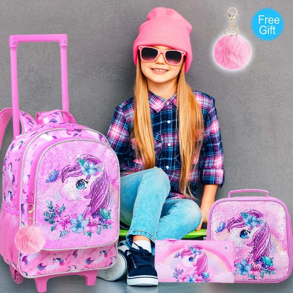 KLFVB Rolling Backpack for Girls Boys, Kids Roller Wheels School Bookbag with Lunch Bag, Wheeled School Bag for Children