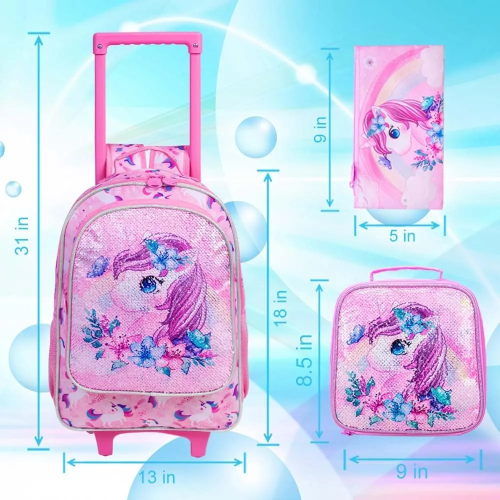 KLFVB Rolling Backpack for Girls Boys, Kids Roller Wheels School Bookbag with Lunch Bag, Wheeled School Bag for Children