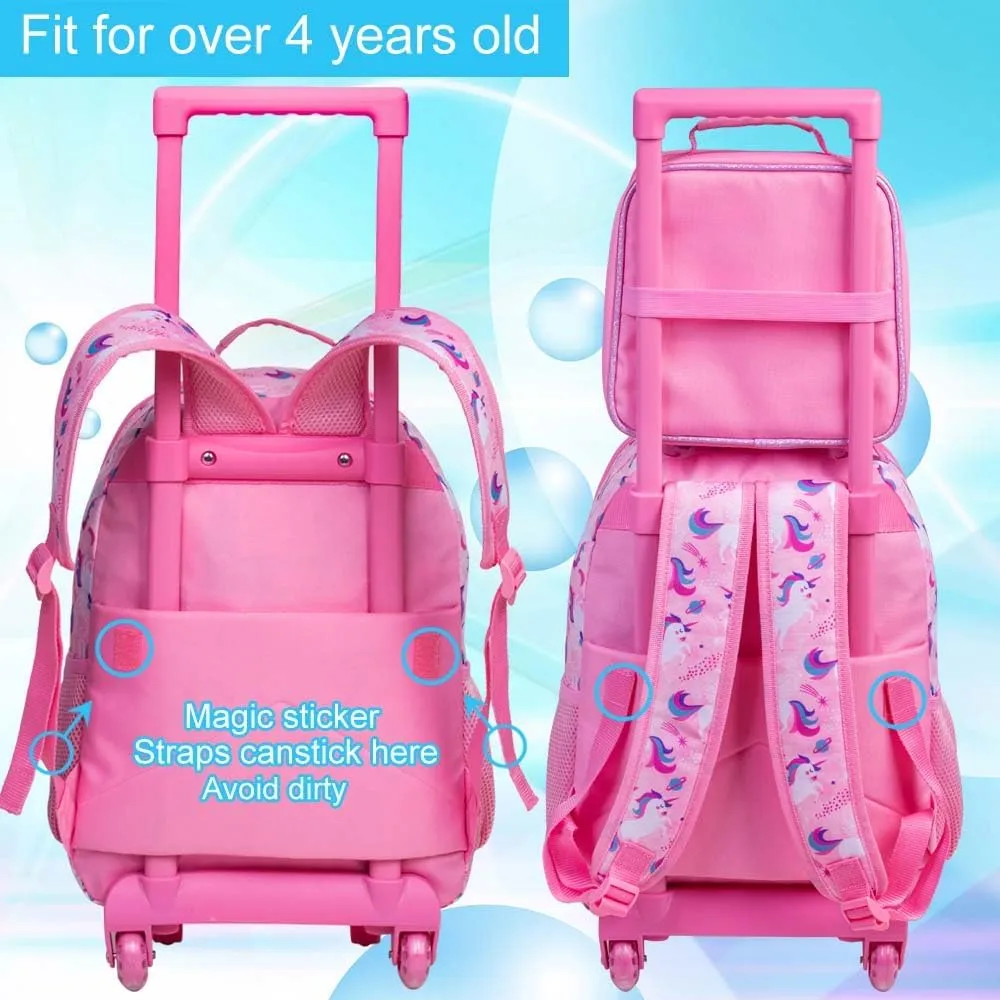 KLFVB Rolling Backpack for Girls Boys, Kids Roller Wheels School Bookbag with Lunch Bag, Wheeled School Bag for Children