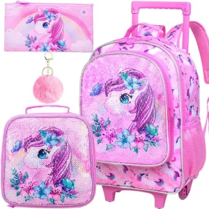KLFVB Rolling Backpack for Girls Boys, Kids Roller Wheels School Bookbag with Lunch Bag, Wheeled School Bag for Children