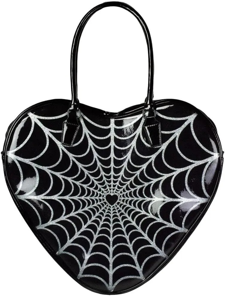 kreepsville 666 Gothic Spiderweb Sparkle Halloween Heart Handbag Large Purse