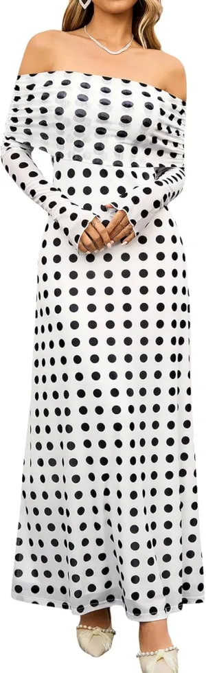 KUTUMAI Women Off Shoulder Bodycon Maxi Dress Long Sleeve Mesh Ruched Party Formal Wedding Guest Dresses