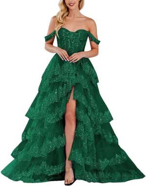 Lace Appliques Prom Dresses for Women Sparkly Tiered Tulle Off The Shoulder Formal Evening Gowns with Slit