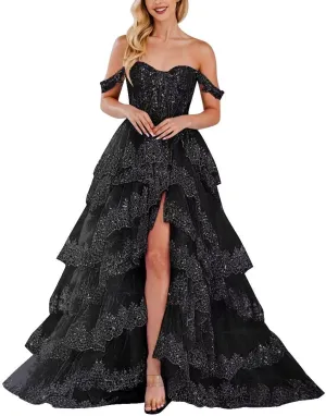 Lace Appliques Prom Dresses for Women Sparkly Tiered Tulle Off The Shoulder Formal Evening Gowns with Slit