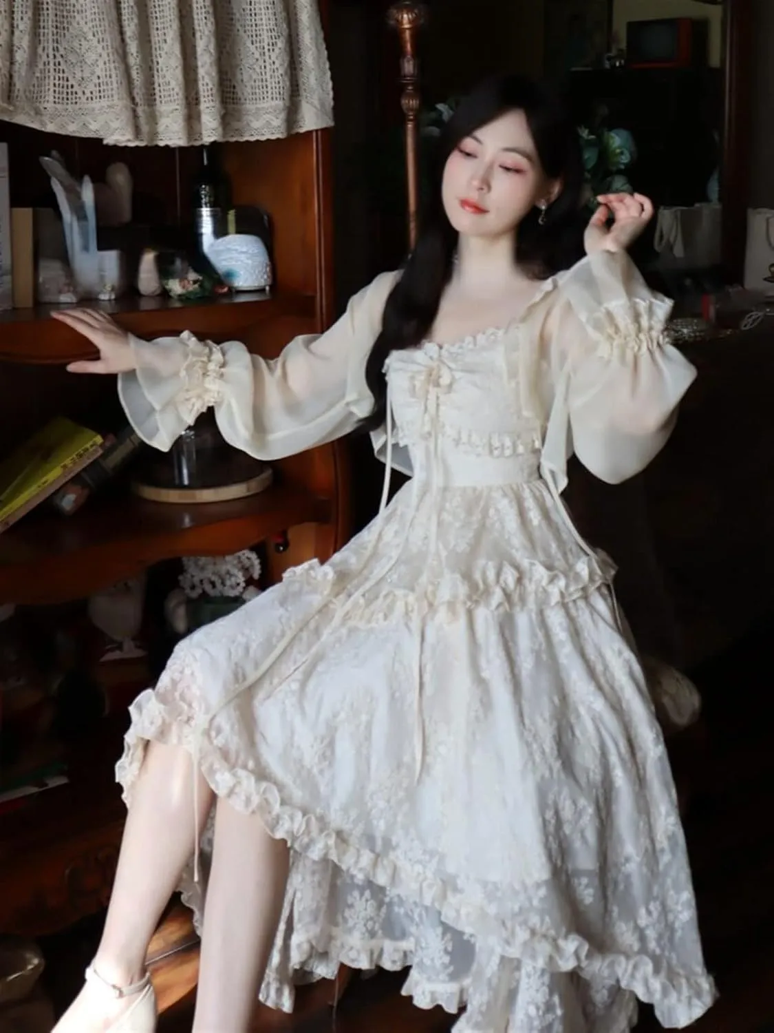 Lace Elegant Sweet Midi Dresses Women Japanese Kawaii Fairy Vintage Dress Cute Vintage Strap Dress