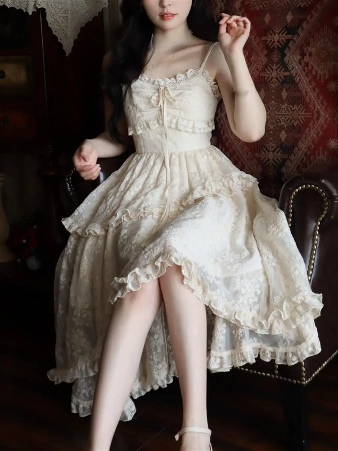 Lace Elegant Sweet Midi Dresses Women Japanese Kawaii Fairy Vintage Dress Cute Vintage Strap Dress