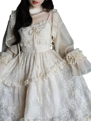 Lace Elegant Sweet Midi Dresses Women Japanese Kawaii Fairy Vintage Dress Cute Vintage Strap Dress