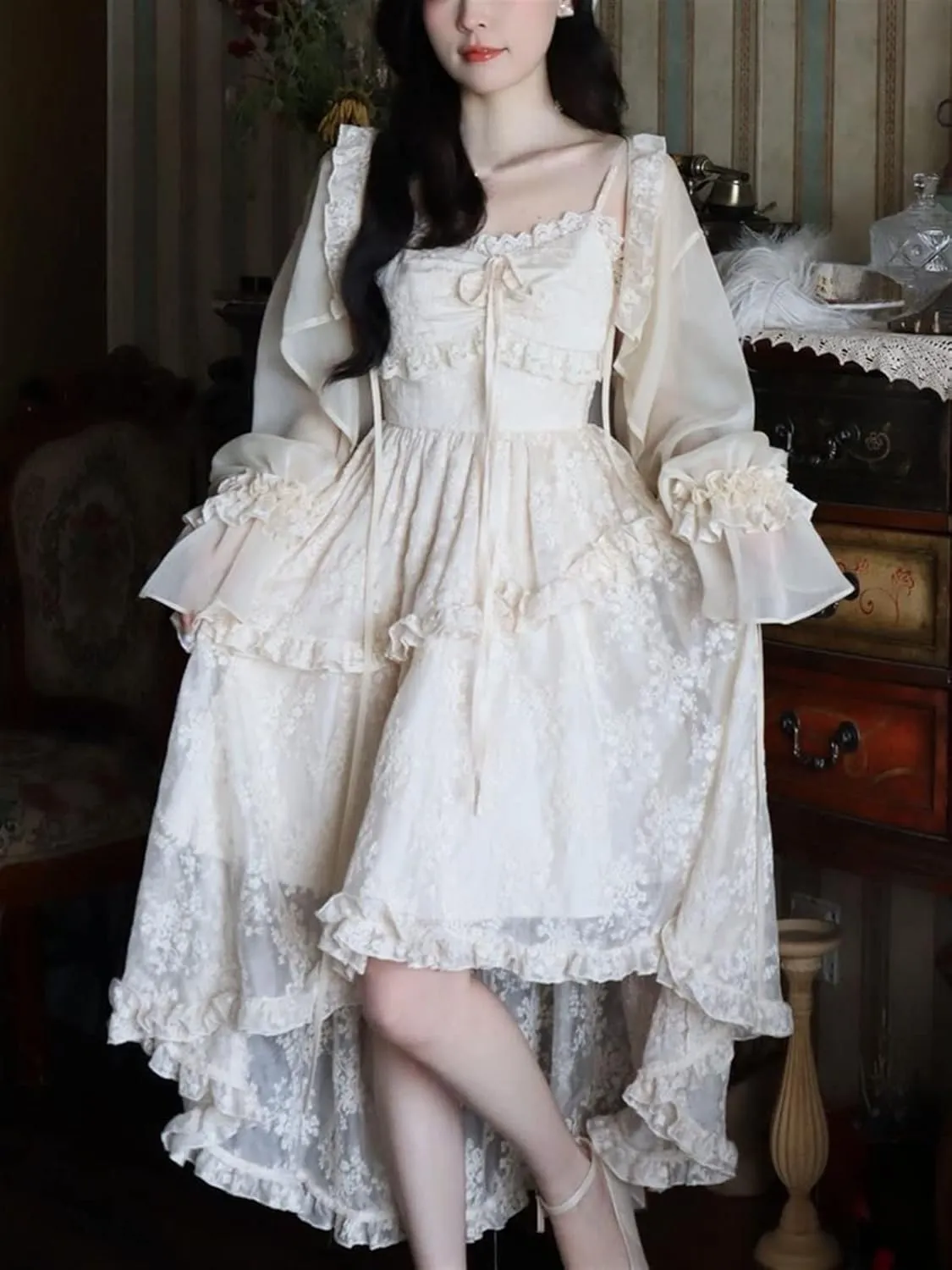 Lace Elegant Sweet Midi Dresses Women Japanese Kawaii Fairy Vintage Dress Cute Vintage Strap Dress