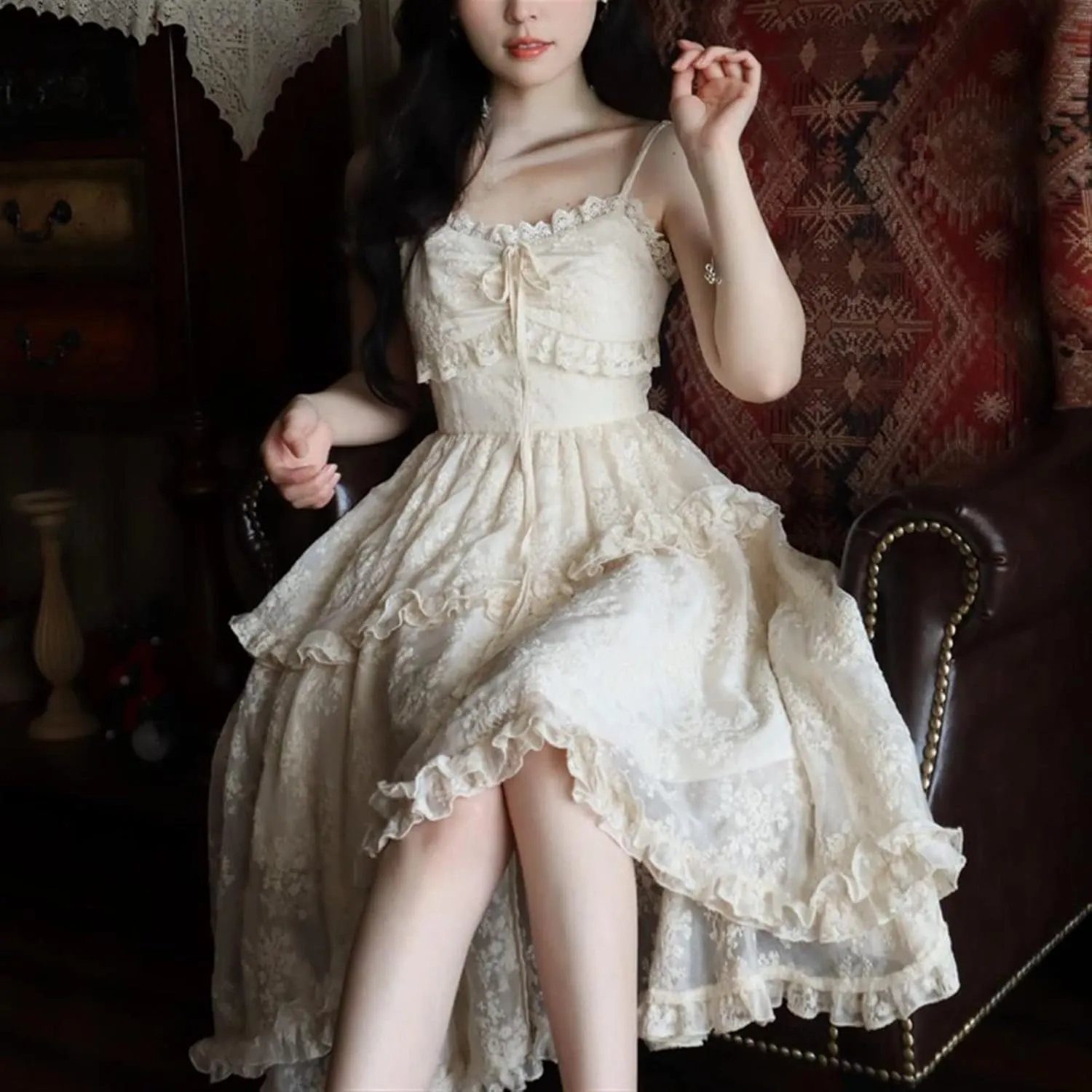 Lace Elegant Sweet Midi Dresses Women Japanese Kawaii Fairy Vintage Dress Cute Vintage Strap Dress
