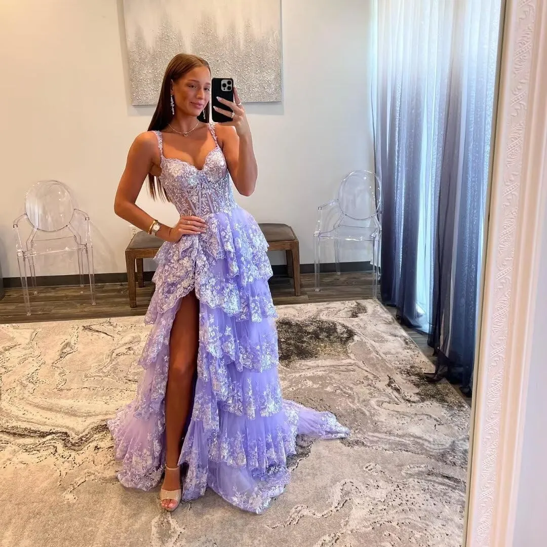 Lace Tulle Tiered Prom Dresses 2025 Long Slit Spaghetti Straps Sparkly Corset Formal Evening Party Gowns