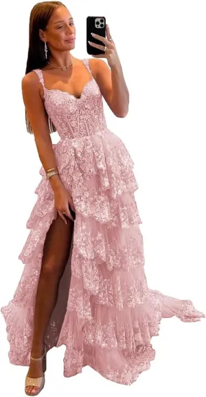 Lace Tulle Tiered Prom Dresses 2025 Long Slit Spaghetti Straps Sparkly Corset Formal Evening Party Gowns