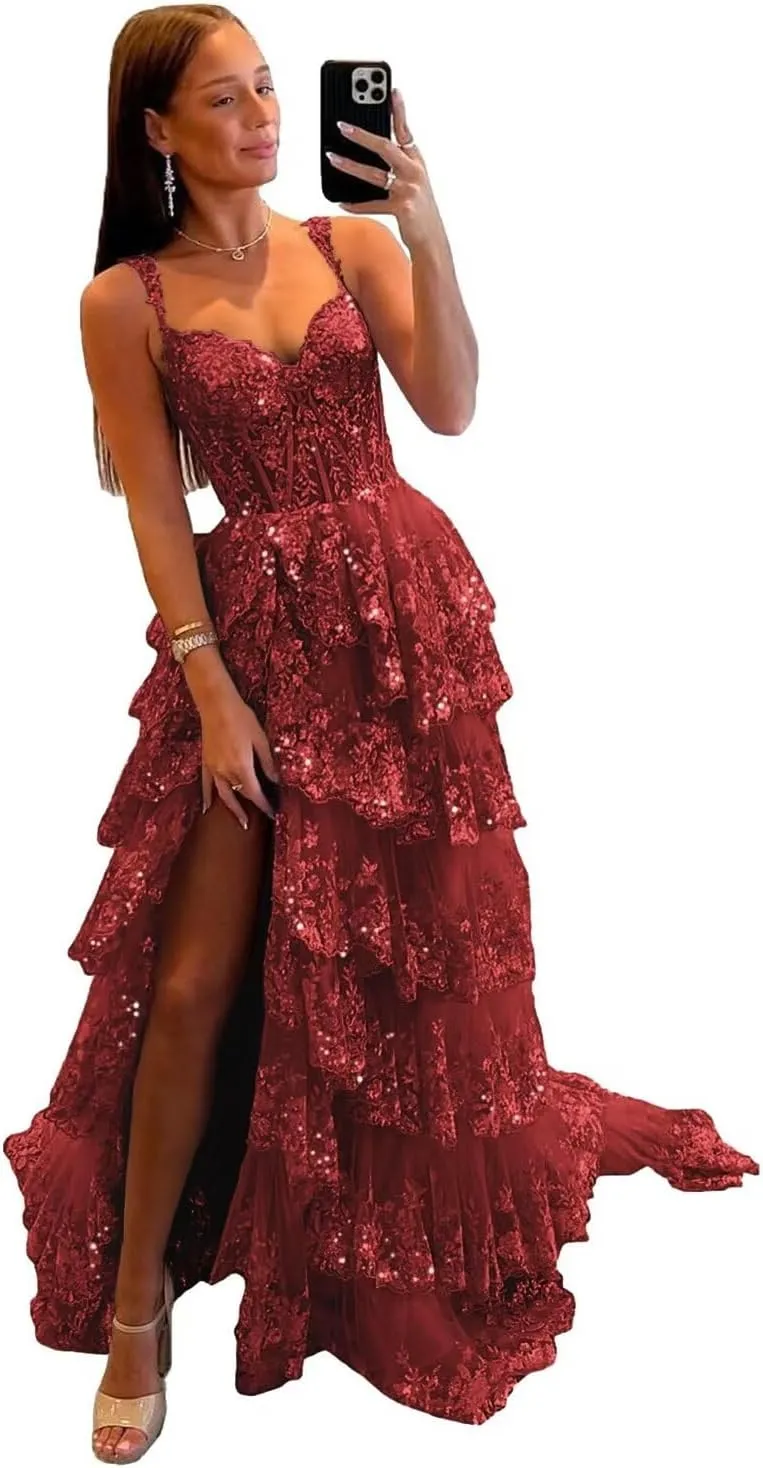 Lace Tulle Tiered Prom Dresses 2025 Long Slit Spaghetti Straps Sparkly Corset Formal Evening Party Gowns