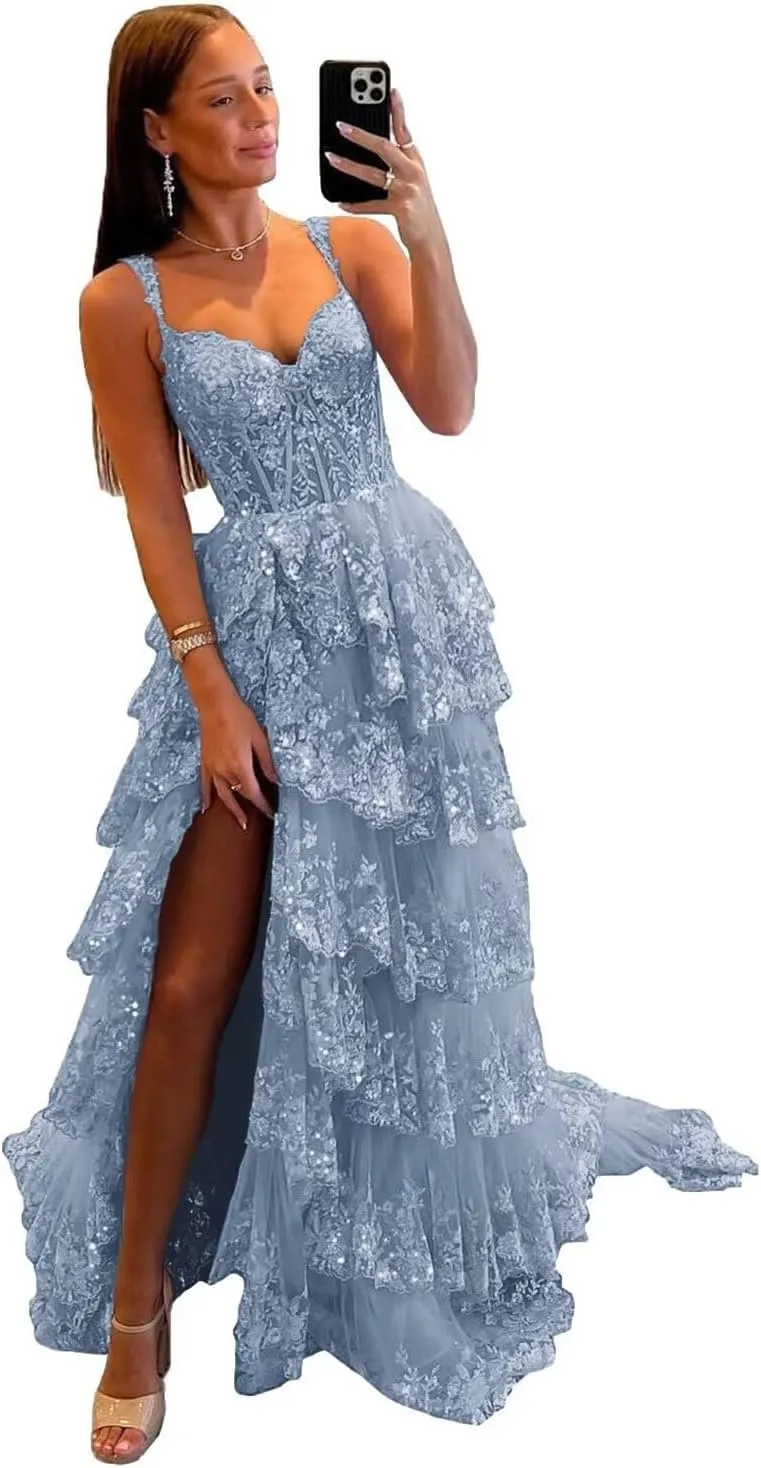 Lace Tulle Tiered Prom Dresses 2025 Long Slit Spaghetti Straps Sparkly Corset Formal Evening Party Gowns