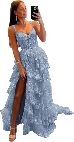Lace Tulle Tiered Prom Dresses 2025 Long Slit Spaghetti Straps Sparkly Corset Formal Evening Party Gowns