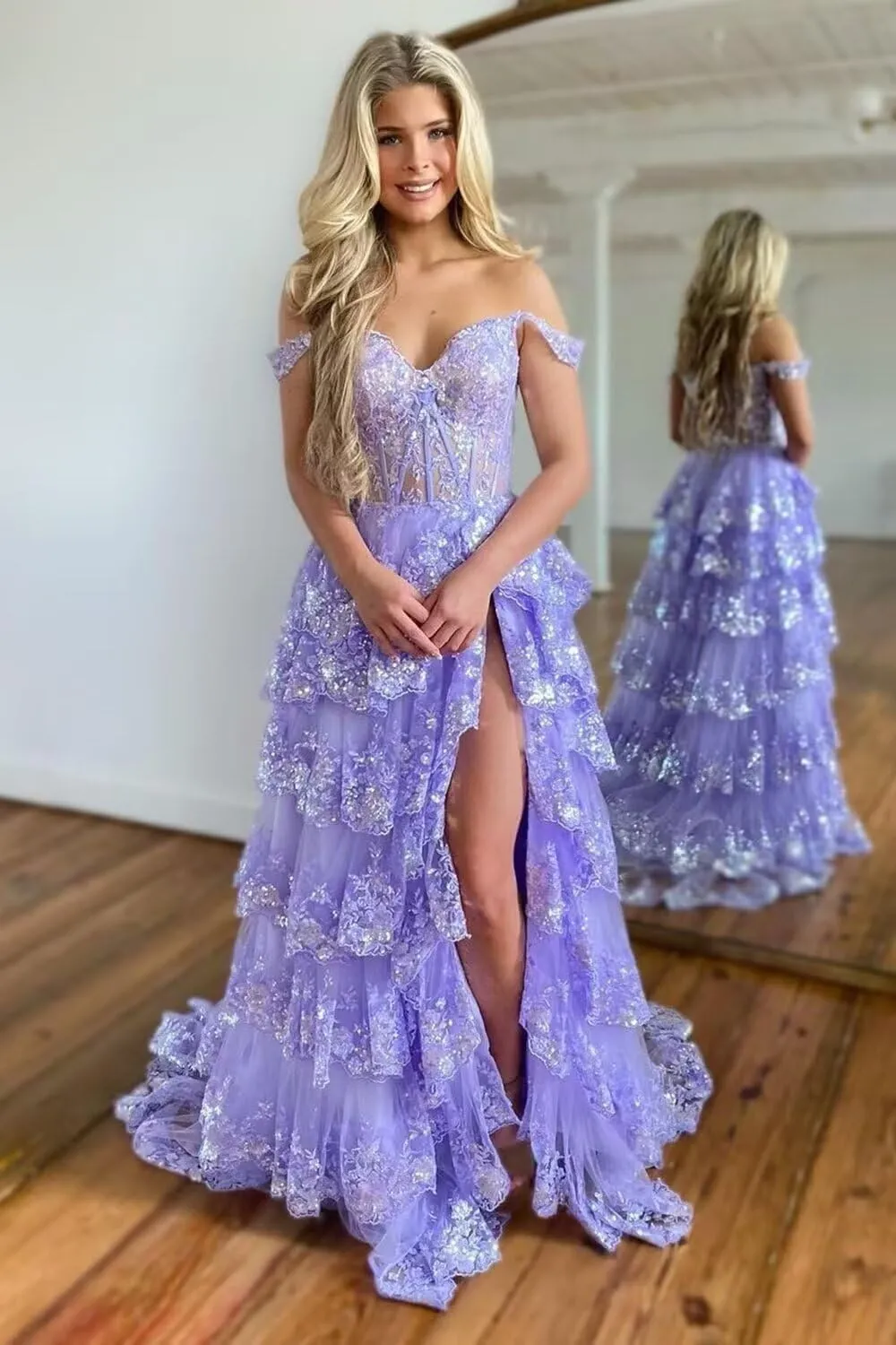 Lace Tulle Tiered Prom Dresses 2025 Long Slit Spaghetti Straps Sparkly Corset Formal Evening Party Gowns