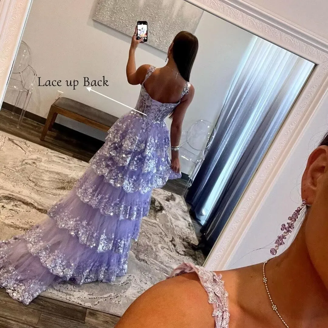Lace Tulle Tiered Prom Dresses 2025 Long Slit Spaghetti Straps Sparkly Corset Formal Evening Party Gowns