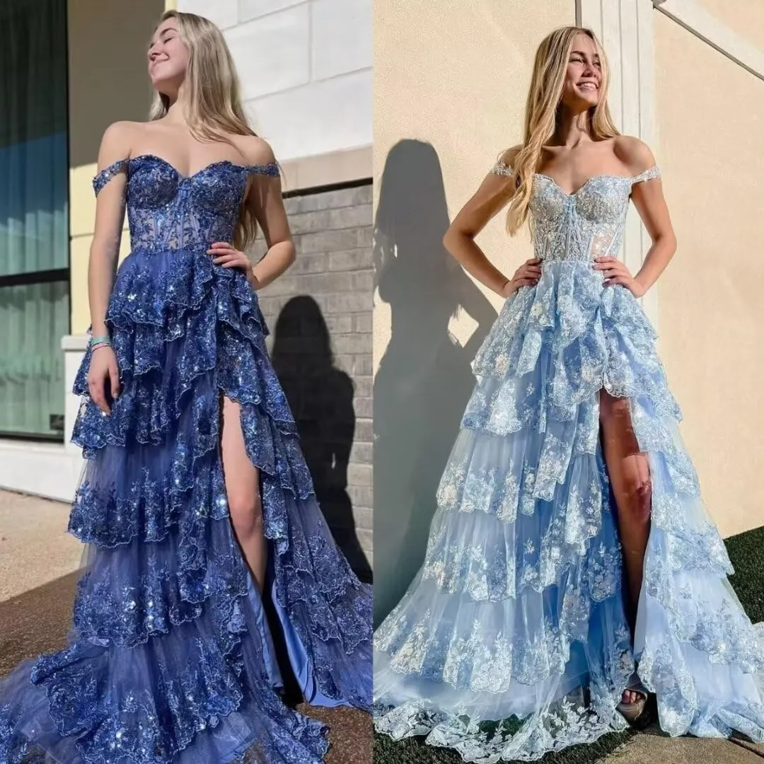 Lace Tulle Tiered Prom Dresses 2025 Long Slit Spaghetti Straps Sparkly Corset Formal Evening Party Gowns