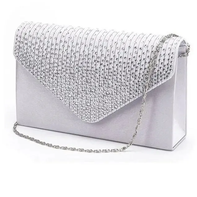 Ladies Satin Clutches Evening Bags Crystal Bling Handbags Wedding Party Purse
