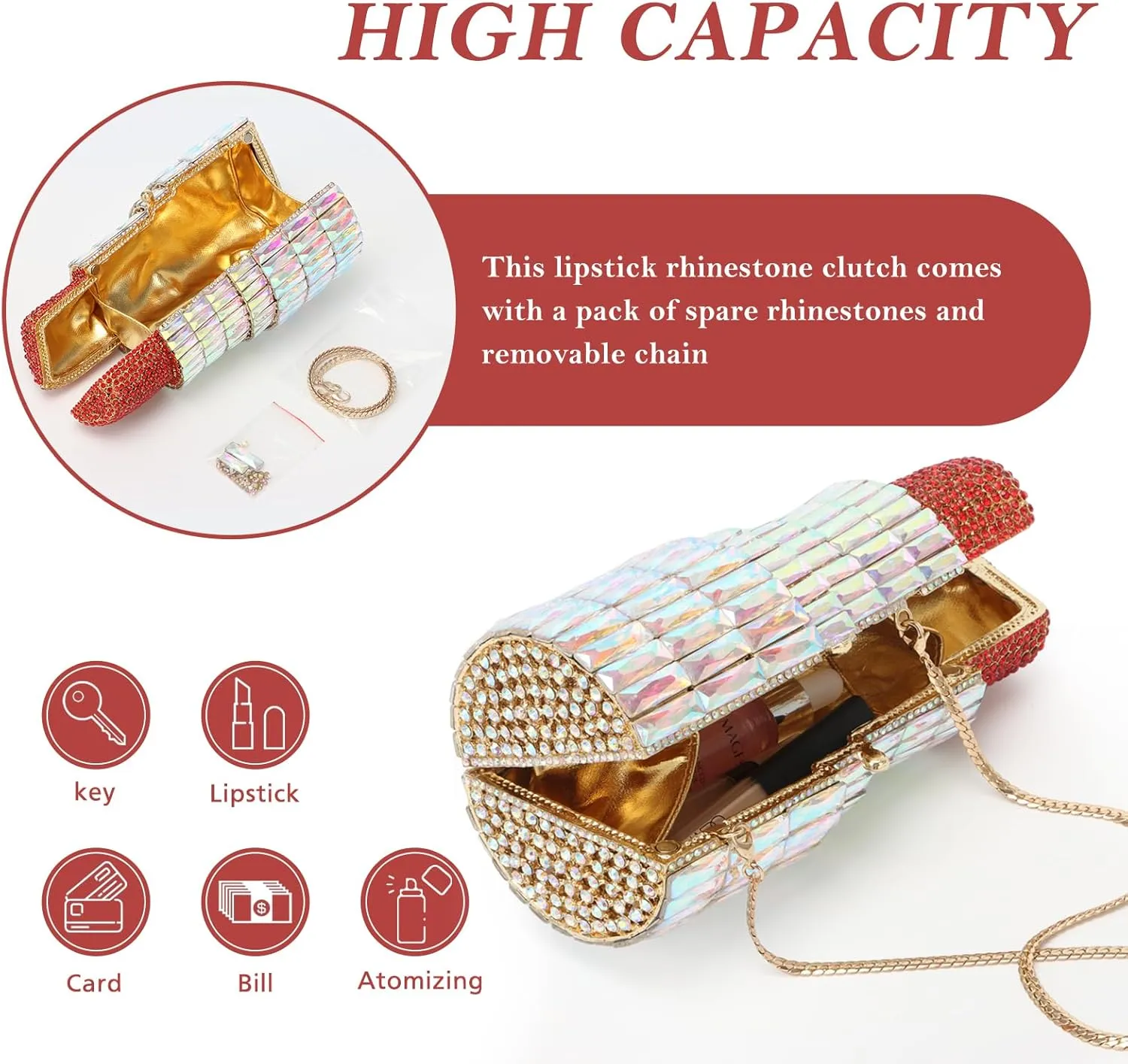 Lanpet Women Crystal Rhinestone Evening Bags Lipstick Shape Clutch Purses Vintage Wedding Party Banquet Handbag