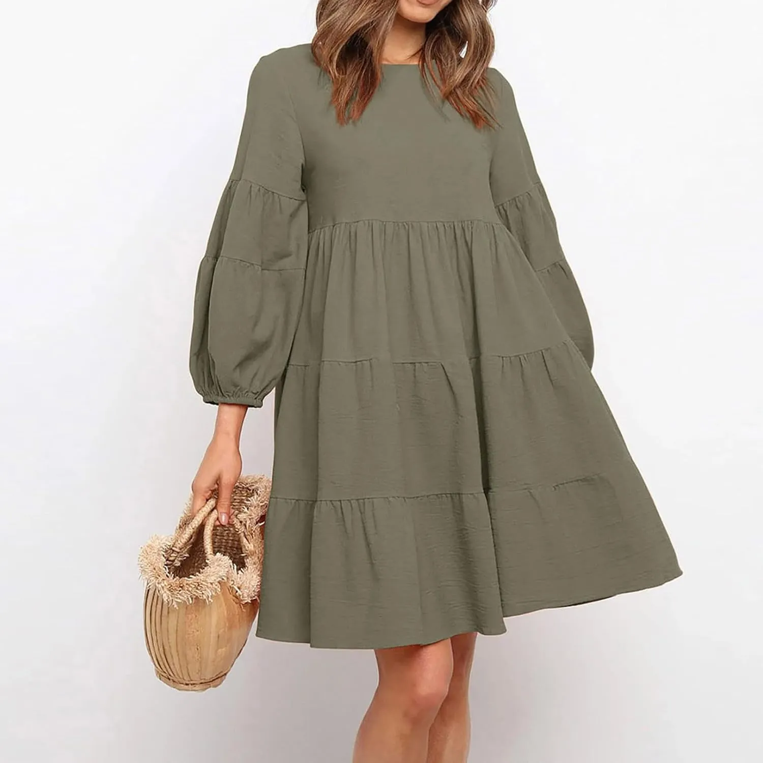 Lastesso Womens Summer Dresses Fashion Flare High Waisted Linen Cotton Sundress Trendy Long Sleeve Wedding Guest Clothes