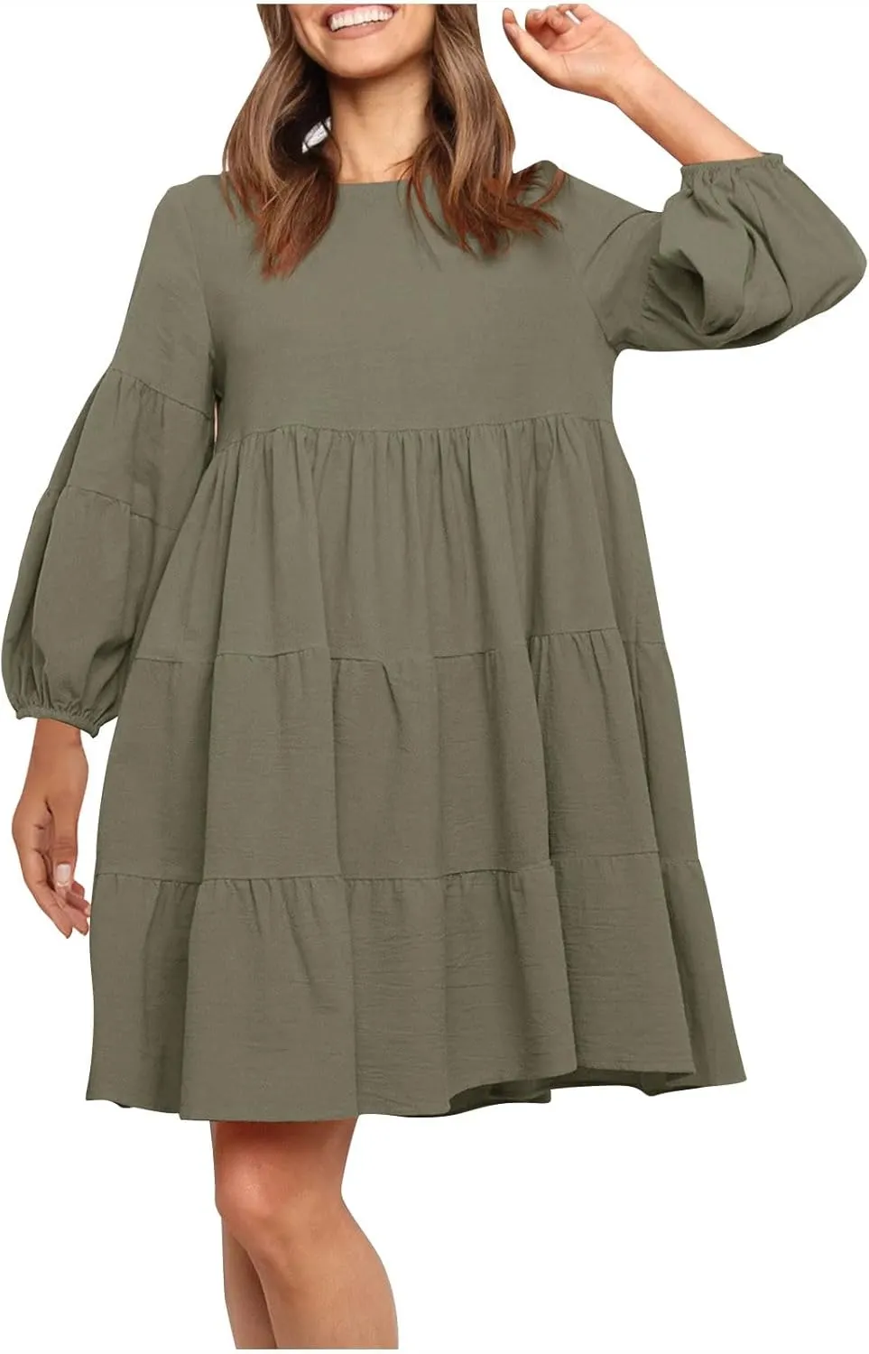 Lastesso Womens Summer Dresses Fashion Flare High Waisted Linen Cotton Sundress Trendy Long Sleeve Wedding Guest Clothes