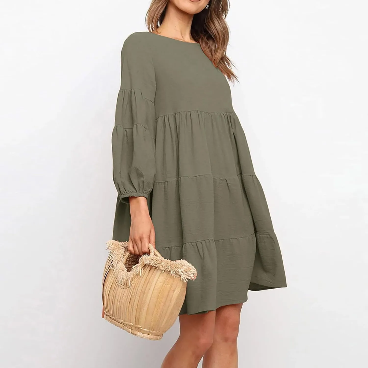 Lastesso Womens Summer Dresses Fashion Flare High Waisted Linen Cotton Sundress Trendy Long Sleeve Wedding Guest Clothes