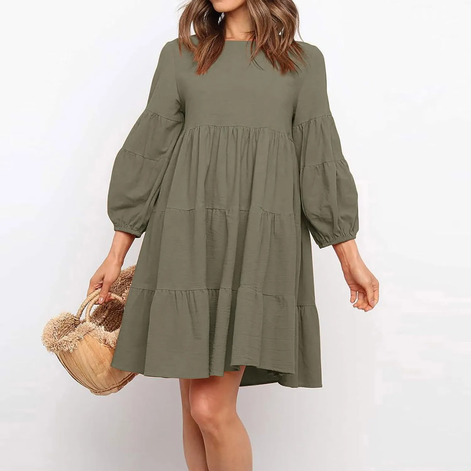 Lastesso Womens Summer Dresses Fashion Flare High Waisted Linen Cotton Sundress Trendy Long Sleeve Wedding Guest Clothes
