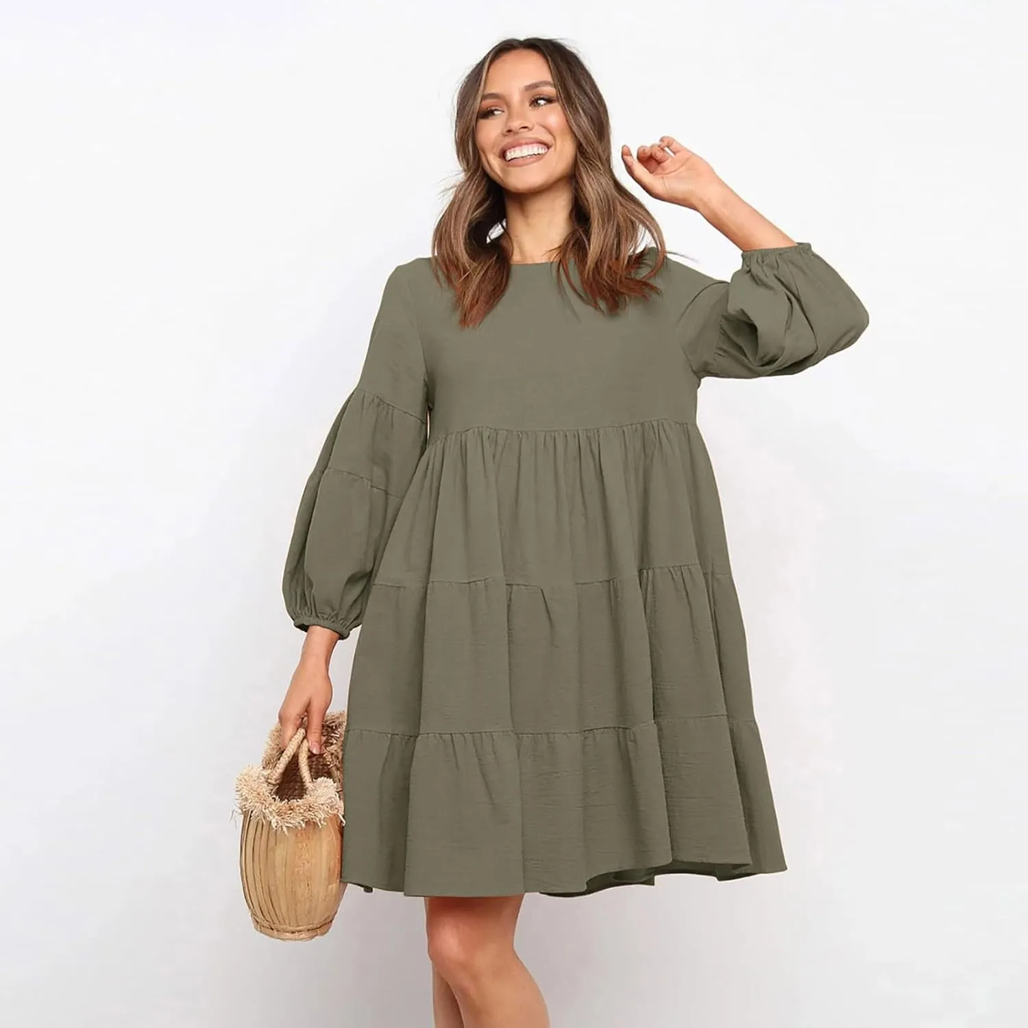 Lastesso Womens Summer Dresses Fashion Flare High Waisted Linen Cotton Sundress Trendy Long Sleeve Wedding Guest Clothes