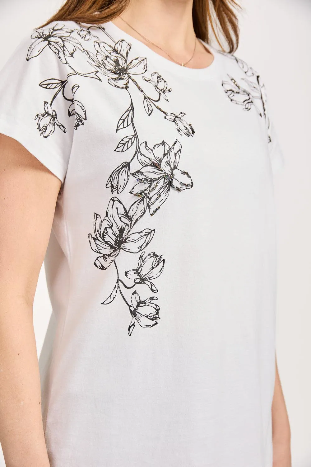 Leaf Embellished Print Top - White