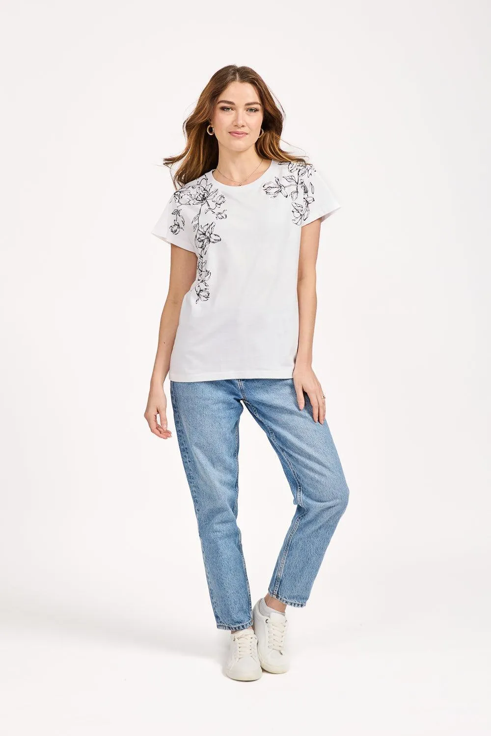 Leaf Embellished Print Top - White