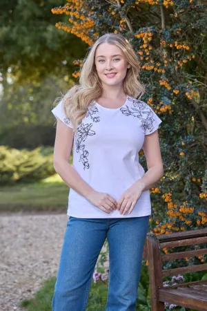 Leaf Embellished Print Top - White
