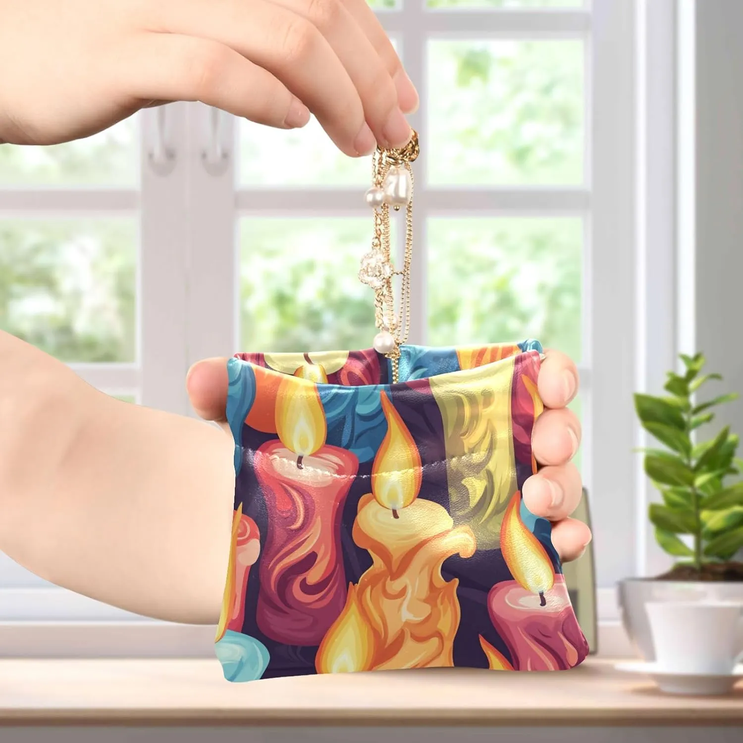 Leather Squeeze Coin Purse Coin Pouch Bag Wallet Small Coin Change Holder for Women Girl Colorful Candles Easter