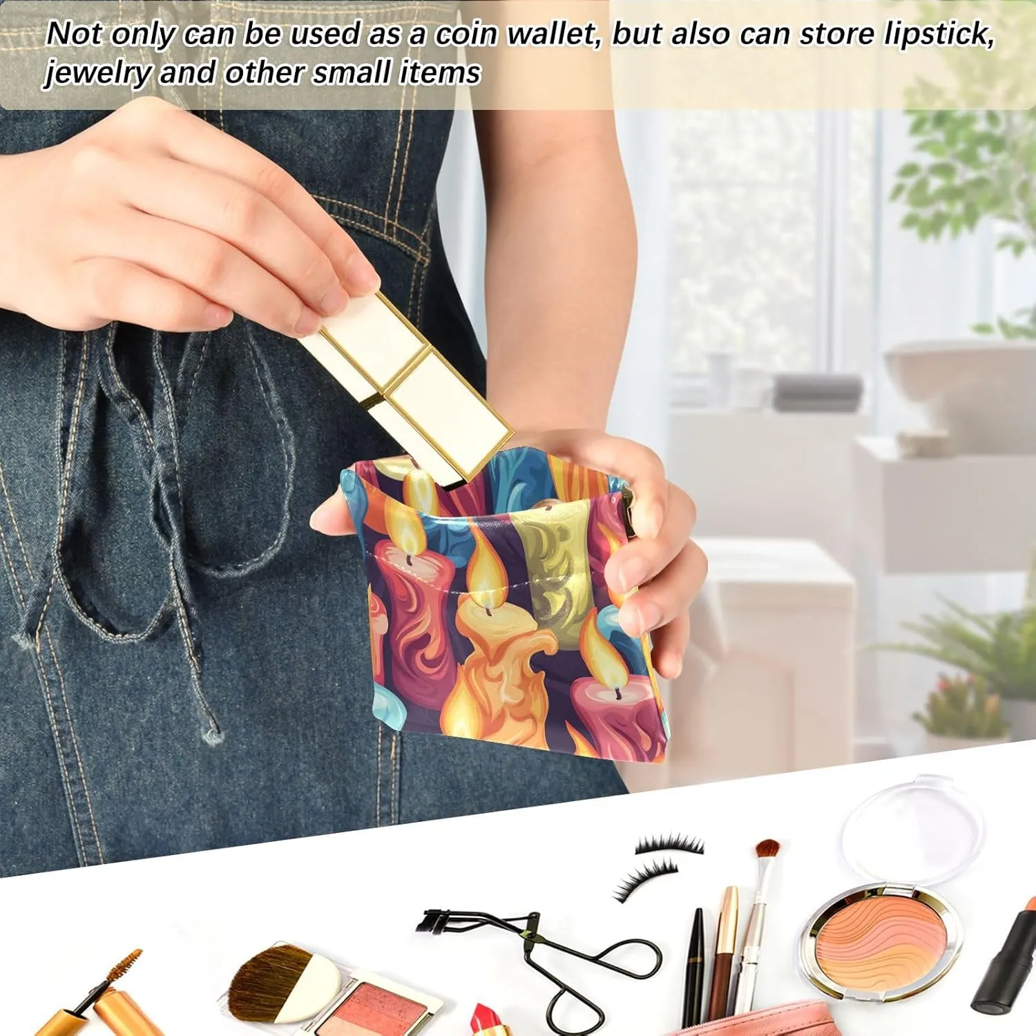 Leather Squeeze Coin Purse Coin Pouch Bag Wallet Small Coin Change Holder for Women Girl Colorful Candles Easter