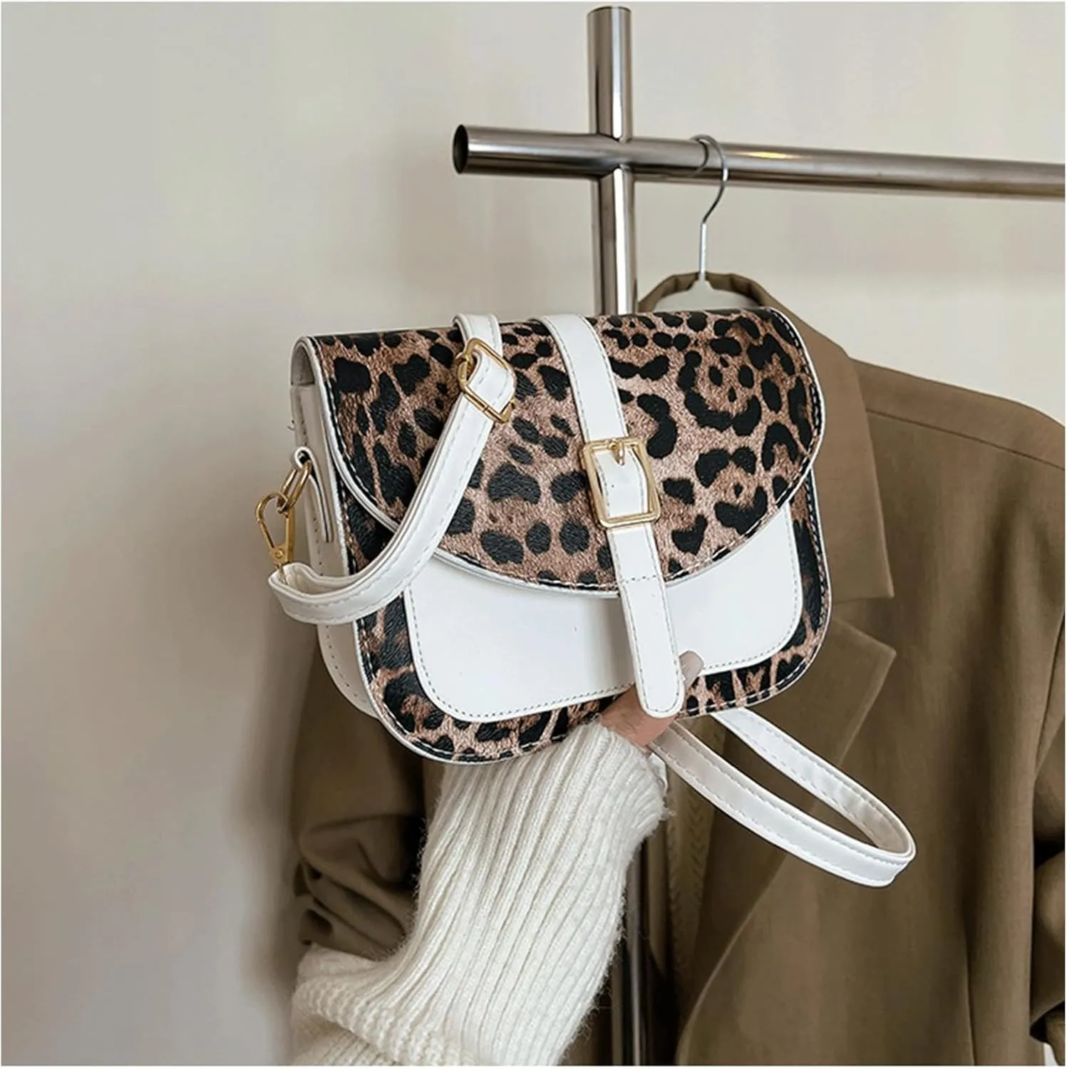Leopard Purse Cheetah Print Vintage Saddle Bag Curved Flap Urban Crossbody Retro Chic Purse for Girls