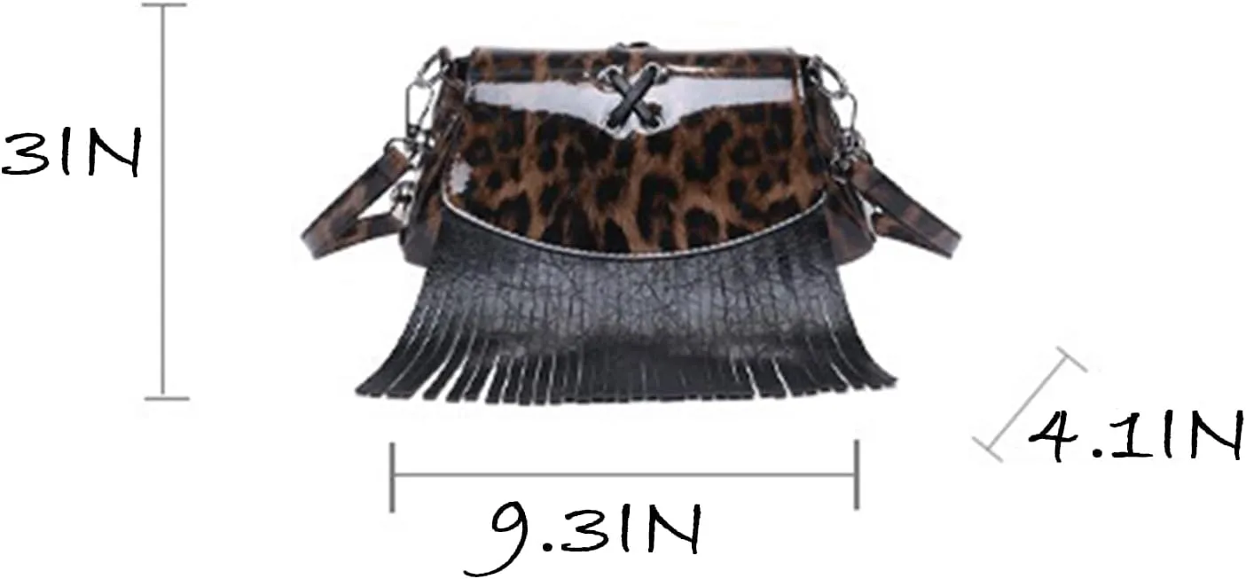 Leopard Purse Fringe Cheetah Print Shoulder Bag Faux Leather Crossbody Purse with Tassels Y2K Mini Handbag for Party