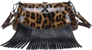 Leopard Purse Fringe Cheetah Print Shoulder Bag Faux Leather Crossbody Purse with Tassels Y2K Mini Handbag for Party
