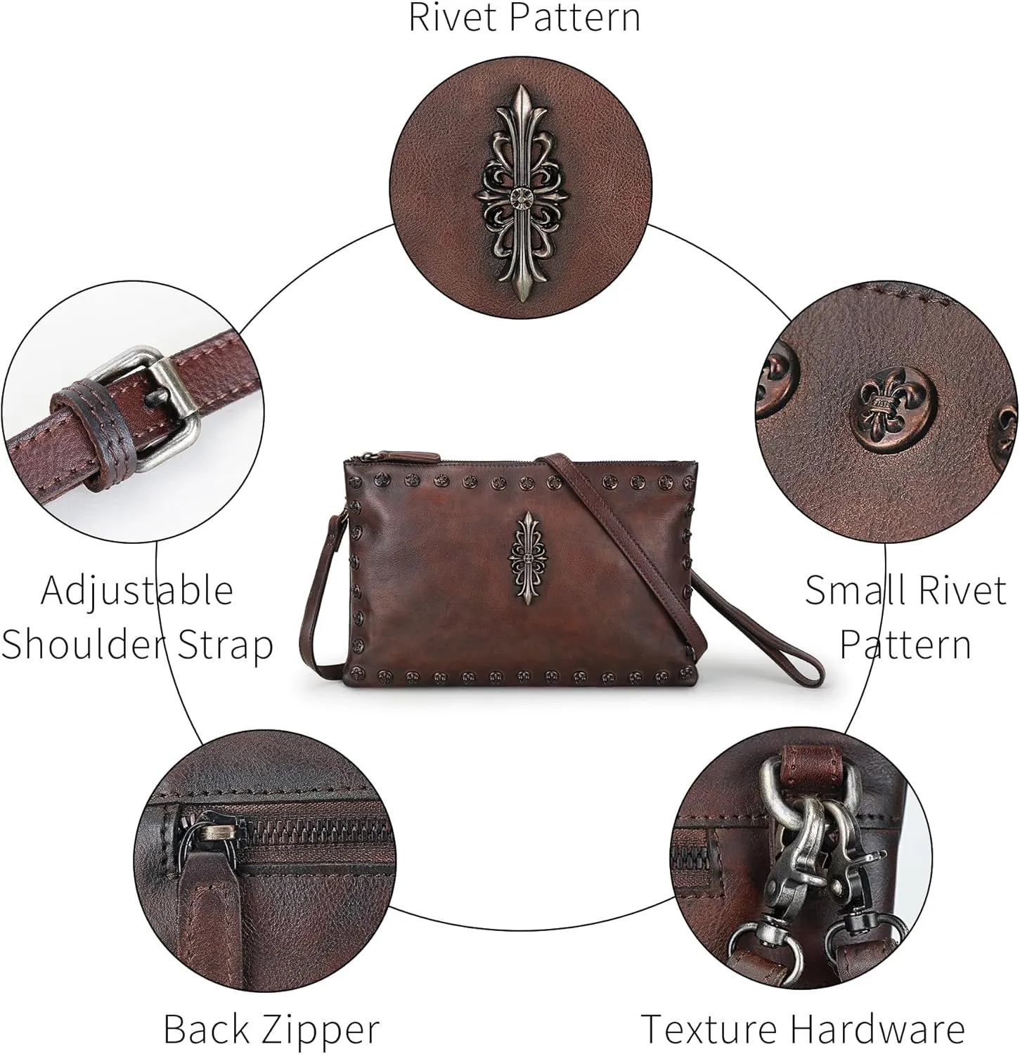 LETEULO Womens Crossbody Bag Leather Handmade Shoulder Bag Clutch Wristlet Handbags Purse