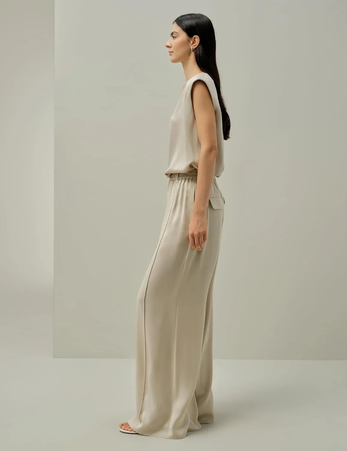 LilySilk 100% Silk Suede Wide-Leg Pants for Women Elastic Band Pleated Front Casual Dressy