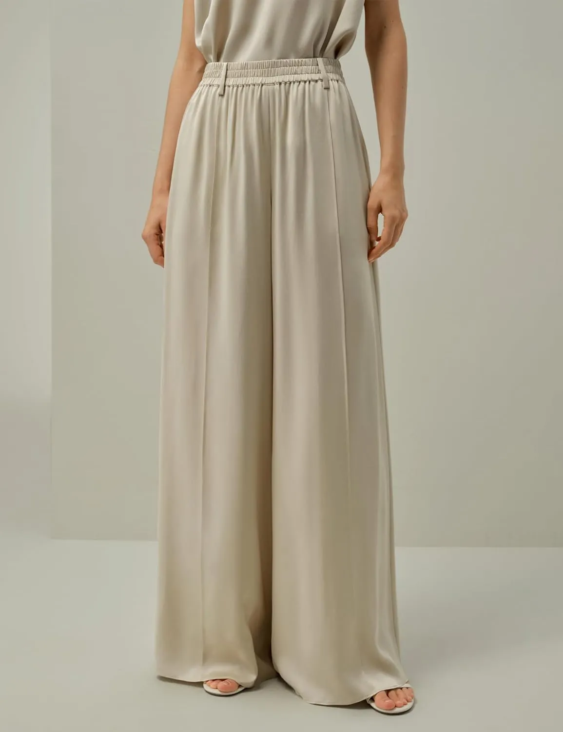LilySilk 100% Silk Suede Wide-Leg Pants for Women Elastic Band Pleated Front Casual Dressy