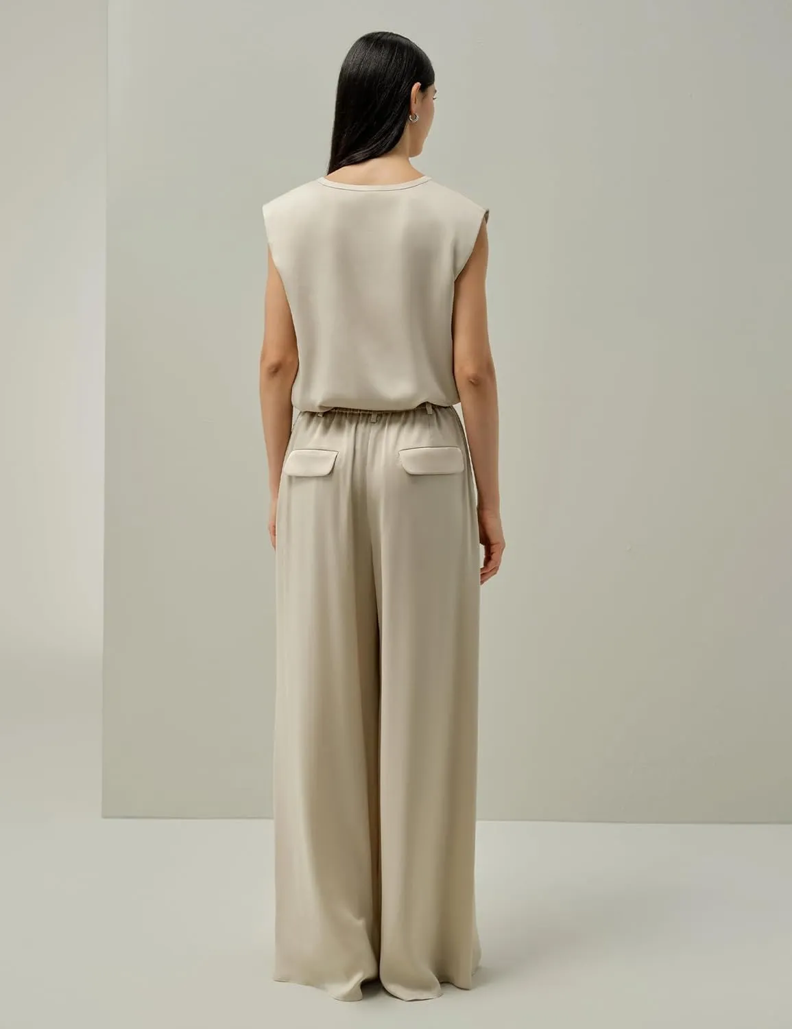 LilySilk 100% Silk Suede Wide-Leg Pants for Women Elastic Band Pleated Front Casual Dressy