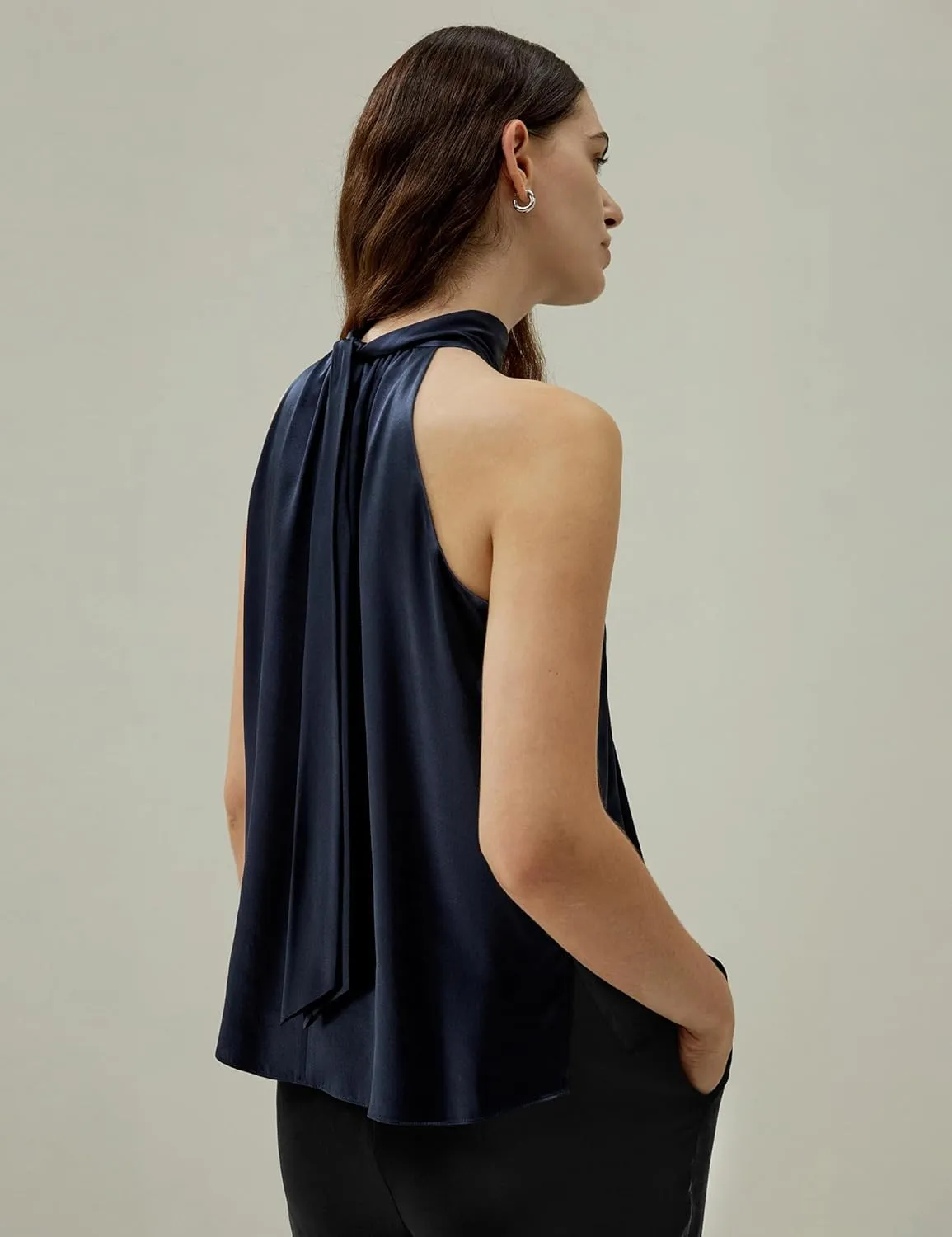 LilySilk Womens Pure Silk Shirt Ladies Sleeveless Halter Neck Blouse Top with Pleated Neckline and Refined Cut for Vacation