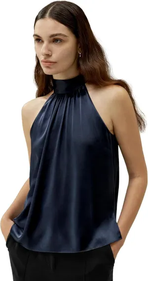 LilySilk Womens Pure Silk Shirt Ladies Sleeveless Halter Neck Blouse Top with Pleated Neckline and Refined Cut for Vacation