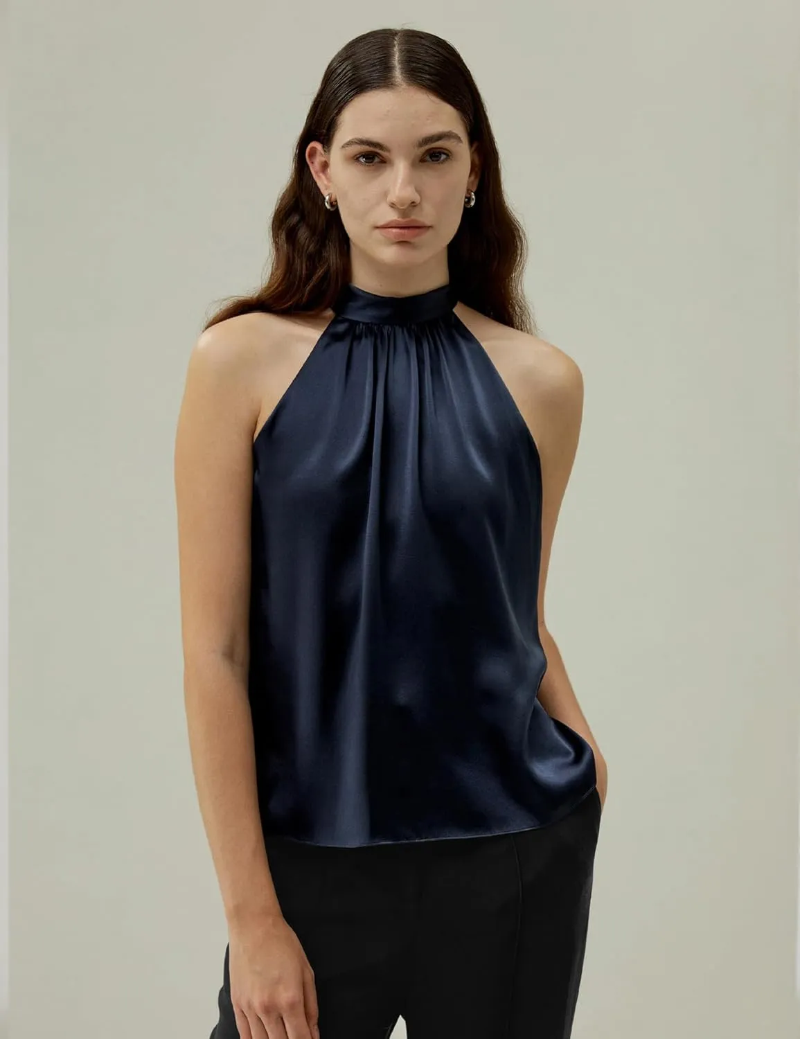 LilySilk Womens Pure Silk Shirt Ladies Sleeveless Halter Neck Blouse Top with Pleated Neckline and Refined Cut for Vacation