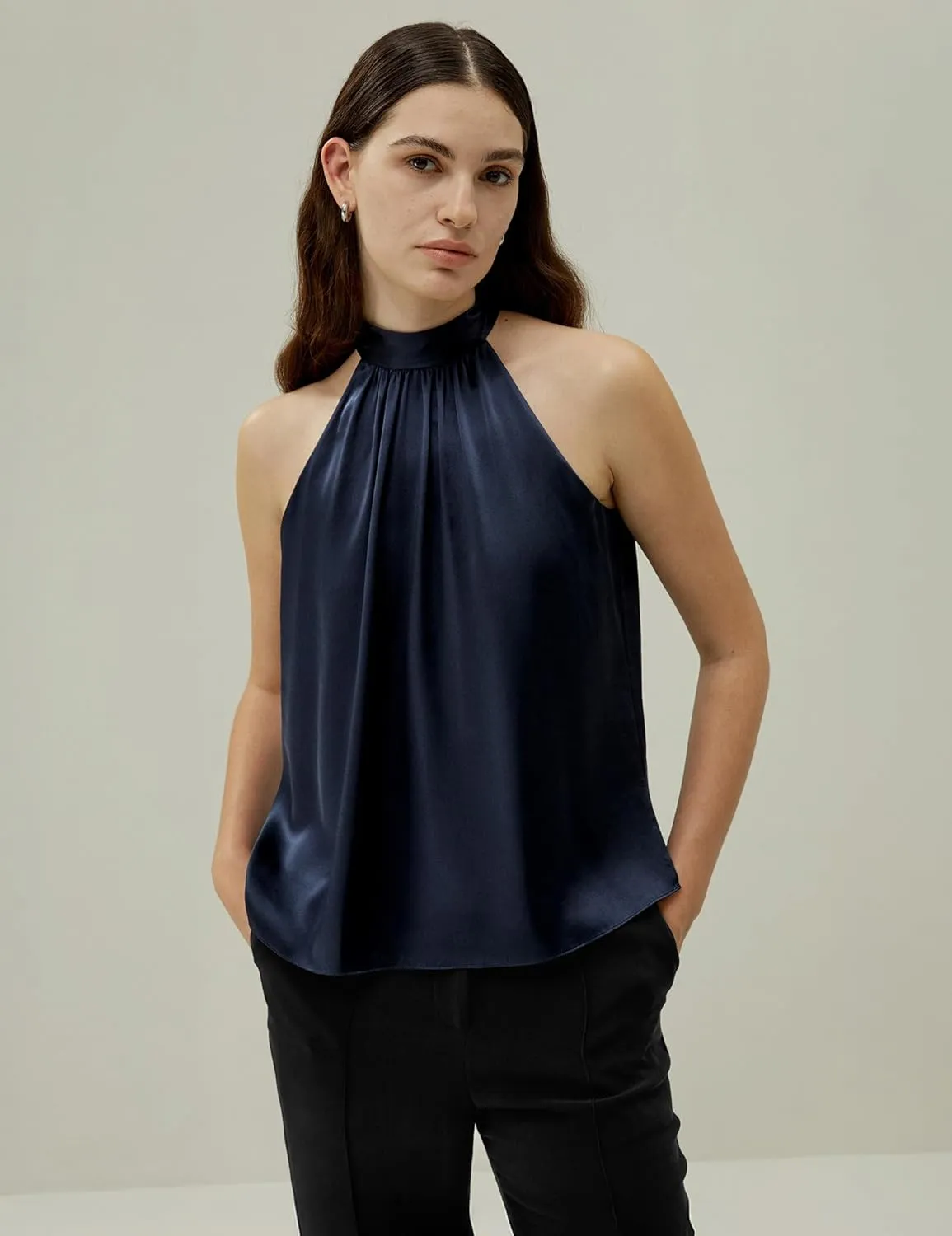 LilySilk Womens Pure Silk Shirt Ladies Sleeveless Halter Neck Blouse Top with Pleated Neckline and Refined Cut for Vacation